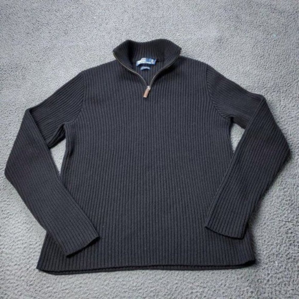 Polo Ralph Lauren Ribbed Merino Wool Vintage Zip Up Sweater Black Mens Size XL